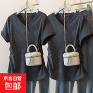 夏季新款扎染獨特設計短袖t恤女大碼寬松胖mm顯瘦遮肚V領(lǐng)百搭上衣 K24-深灰色+深灰色 4XL 建議體重170-190斤