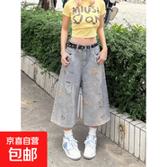 藍色牛仔短褲女2025夏季新款潮流復古破洞刺繡寬松超火七分褲 藍色-錦鯉 NK004 2XL