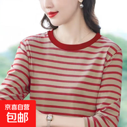 圓領(lǐng)條紋長(cháng)袖t恤女士春秋季顯瘦女裝上衣體恤韓版大媽百搭打底衫 909-紅色條紋 2XL 【建議125-140斤】