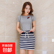女裝條紋連衣裙女2025秋季新款韓版修身顯瘦假兩件套裙子 灰色 2XL
