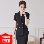 夏季新款灰藍色短袖職業(yè)小西裝領(lǐng)外套女酒店前臺美容院珠寶店套裝 黑色 單件西裝（JY6509） XL
