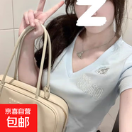 鏤空刺繡kitty貓V領(lǐng)正肩短袖t恤女夏修身短款 1029淺藍色 XL 【建議110-120斤】