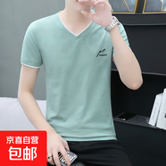 新款純棉短袖t恤男夏季薄款V領(lǐng)白色潮流半袖上衣男體恤修身時(shí)尚WF QY659豆綠 純棉T恤 L 建議100-120斤