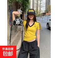 美式辣妹黃色v領(lǐng)正肩棉質(zhì)短袖T恤女夏季運動(dòng)風(fēng)修身短款撞色上衣女 1047黃拼黑 XL 【建議110-120斤】