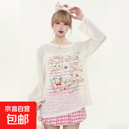 2025年甜美風(fēng)線(xiàn)條貓咪狗狗印花長(cháng)袖T恤女春夏微透感寬松防曬罩衫 杏色-錦鯉B114 2XL
