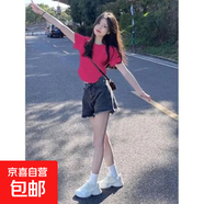 宋正恩女裝紅色t恤女短袖短款緊身辣妹上衣夏裝純棉修身正肩體恤 T281玫紅色 S