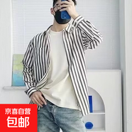 潮牌水洗條紋牛仔長(cháng)袖襯衫男日系休閑cityboy藍色襯衣外套 黑色 XL