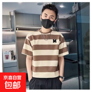 短袖t恤男士2025夏季條紋半袖潮流寬松圓領(lǐng)體恤衫休閑百搭上衣QP 0663服飾D252黑條 M