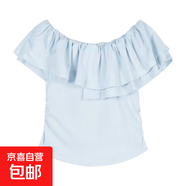 純色一字肩短袖t恤女2025款夏季設計感小眾褶皺修身顯瘦百搭T恤QP 可可女裝R49藍色 XL