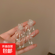 銀針鑲鉆水晶珍珠耳環(huán)歐美復(fù)古輕奢長款耳墜清新甜美高級感耳飾女 9#銀針-透明色珍珠花朵