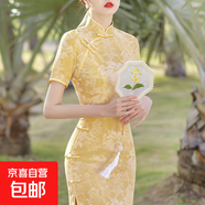 短袖旗袍改良年輕少女款氣質(zhì)典雅春夏送考復(fù)古國風(fēng)長款連衣裙J807 黃色 L （105-115斤）