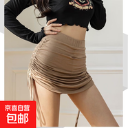 歐美辣妹風(fēng)性感綁帶抽繩褶皺裙女顯瘦半身A字裙緊身跳舞健身短裙 卡其色 2XL