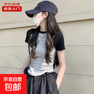 正肩短款t恤女短袖拼接修身上衣夏裝辣妹弧形下擺不規(guī)則KJY#A014# A014#灰色 L 【97-107斤】