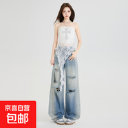 絕美重工燙鉆窄版破洞闊腿牛仔褲女2025春新款腰寬松長(cháng)褲子 漸變藍長(cháng)褲218 薄款 漸變藍長(cháng)褲 XL