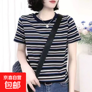 大碼女士t恤短袖2025新款夏季媽媽中年條紋襯衫顯瘦百搭圓領(lǐng)上衣 藏藍色 XL
