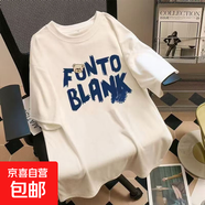 美式復古印花短袖t恤女2025夏季新款寬松學生休閑百搭半袖上衣女P FU小熊五分袖圓T白色 M