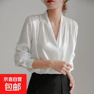 法式V領(lǐng)襯衫秋裝新款高級感垂感上衣高端緞面襯衣女裝 白色 4碼=L