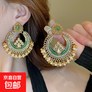 民族風(fēng)鳳凰月牙流蘇耳釘小眾復(fù)古設(shè)計(jì)感耳環(huán)夏季女輕奢高級(jí)感耳飾 5#鋼針-綠色-白色