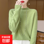 【高品質(zhì)】秋冬100%純羊毛女半高領(lǐng)鉤花針織毛衣寬松羊毛衫打底 果綠 S