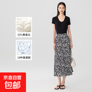 【之禾制造商】桑蠶絲免燙螺紋短袖t恤女休閑正肩透氣短袖上衣HYM 黑色U領 XL