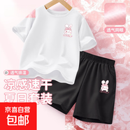 【2件套】女童運(yùn)動(dòng)套裝2025新款冰絲速干女大童夏裝衣服兒童短袖 兔美美K白+兔美美K黑 140