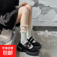 蕾絲花邊拼接短襪日系甜美少女洛麗塔奶白色棉質(zhì)蝴蝶結中筒堆堆襪 白色2雙