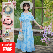 童裝女童2025夏季公主裙兒童碎花裙子小女孩雪紡連衣裙百褶裙夏裝 086水墨藍+發(fā)箍+鎖骨鏈+帽子 130