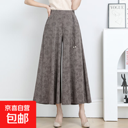 中國風冰絲闊腿褲媽媽裙褲寬松褲子中老年人高腰九分裙褲34812527 淺灰色 3XL建議115-130斤
