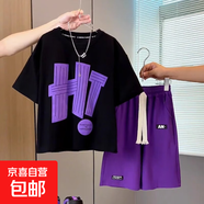【男童夏裝套裝】2025新款洋氣兒童痞帥童裝短袖男孩夏季寶寶衣服 紫色 170