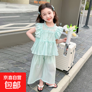 女童夏季套裝2025新款洋氣兒童衣服短袖褲子小女孩夏天休閑兩件套 薄荷綠 薄款 140 cm