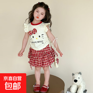 女童夏季套裝2025新款洋氣兒童衣服短袖裙子蝴蝶結貓咪女孩兩件套 紅色 薄款 120 cm