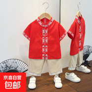 男童唐裝夏裝短袖套裝中國風(fēng)禮服兒童漢服帥氣棉麻薄款童裝兩件套 云朵套裝紅色 130