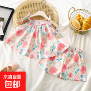 女童童裙套裝新款女孩夏季吊帶寶寶背心裙韓版系帶裙2件15xk1199 系帶套裝-粉色花朵 110 cm