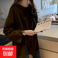 長(cháng)袖t恤女上衣氣質(zhì)春季韓版寬松百搭慵懶小眾設計感不規則打底衫 黑色 L