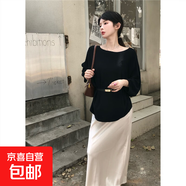 法式圓領(lǐng)冰絲五分袖針織衫女夏配腰帶慵懶感罩衫氣質(zhì)百搭寬松上衣 黑色（配黑色腰帶） 2XL