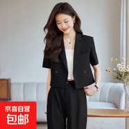 灰色短袖西裝套裝女夏季薄款2025新款小個子休閑氣質(zhì)短款西服外套 黑色（單件外套） M