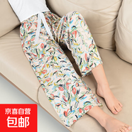 2025新款夏季女士棉綢睡褲可外穿人造棉九分闊腿家居褲花長(cháng)褲子綿 潮花 XL （建議135-160斤）