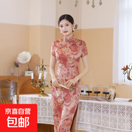 新中式水墨畫(huà)改良日?？纱┢炫勰贻p款女短袖修身長(cháng)款連衣裙JQ4 胭脂粉 3XL （135-145斤）