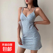美式辣妹內搭印花v領(lǐng)吊帶連衣裙女夏新款碎花吊帶裙女裝 裙3-灰藍 M