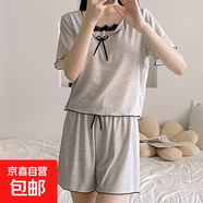 莫代爾棉夏季睡衣女帶胸墊蝴蝶結(jié)蕾絲花邊方領(lǐng)短袖短褲家居服套裝 1811灰色 XL