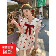 櫻桃蝴蝶結小飛袖連衣裙甜美風(fēng)收腰顯瘦設計感甜辣印花短裙子 短袖版-A205 XL 【建議120-130斤】