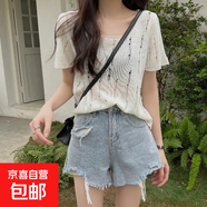 法式鏤空小心機冰絲短袖針織衫女夏季破洞薄款洋氣短款罩衫小上衣 104白色 均碼