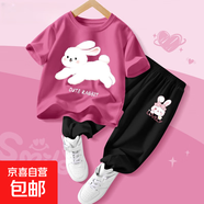 【2件套】女童夏裝套裝2025新款女孩衣服兒童短袖防蚊褲運動(dòng)服 小白兔莓紅+兔美美K黑 110