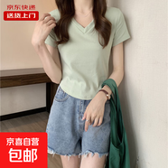 純色正肩上衣V領T恤女百搭高腰減齡時髦修身短款簡約小衫RL#A011# A011#薄荷綠 L 【97-109斤】