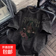 重磅短袖t恤男夏季美式復古潮牌做舊水洗情侶男裝體恤上衣潮 黑灰色 DS465 XL