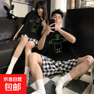 卡通情侶睡衣女夏季棉質(zhì)短袖新款可愛(ài)卡通格子男士夏天家居服套裝 6830# L 女