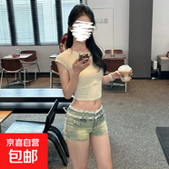 辣妹低腰拼接蕾絲花邊淺藍(lán)色牛仔短褲女夏季彈力緊身顯瘦包臀熱褲 639淺藍(lán) 2XL
