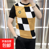 短袖t恤男夏季冰絲印花圓領(lǐng)格子半袖潮流體恤百搭潮流ins修身上衣 （潮社坊067）卡其色 L