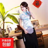 復古改良旗袍上衣女裝夏季中國風(fēng)中式日常短袖立領(lǐng)上衣演出服J02 天藍梅花 L （95-105斤）