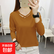 V領(lǐng)長(zhǎng)袖t恤女秋裝2025新款休閑顯瘦百搭體恤修身打底衫女上衣8902 深棕色 2XL